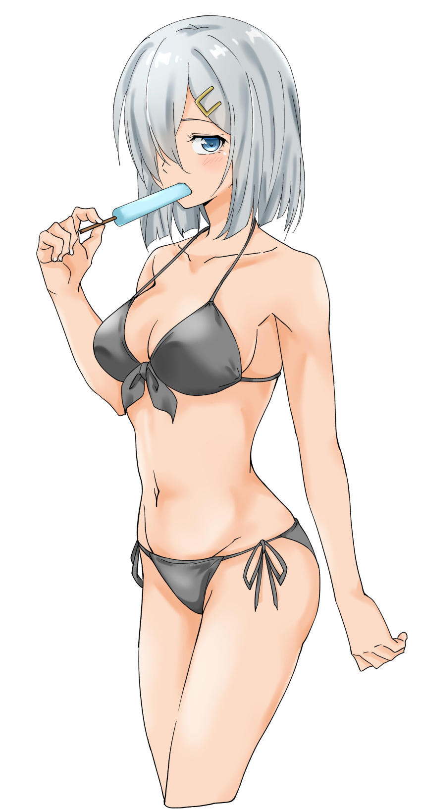 1girl absurdres bikini black_bikini blue_eyes breasts commentary_request cowboy_shot food front-tie_top hair_ornament hair_over_one_eye hairclip hamakaze_(kantai_collection) highres kantai_collection looking_at_viewer maonatten medium_breasts popsicle short_hair side-tie_bikini silver_hair simple_background solo standing swimsuit white_background