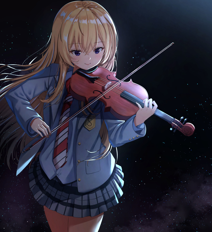 1girl absurdres bangs blazer blonde_hair blue_eyes blue_jacket blue_shirt blush commentary_request dark_background eyebrows_visible_through_hair from_above grey_skirt hair_between_eyes hands_up highres holding holding_instrument instrument jacket long_hair long_sleeves miyazono_kawori music necktie playing_instrument pleated_skirt revision school_uniform shigatsu_wa_kimi_no_uso shirt skirt sleeves_past_wrists smile solo striped striped_neckwear violin xue_lu
