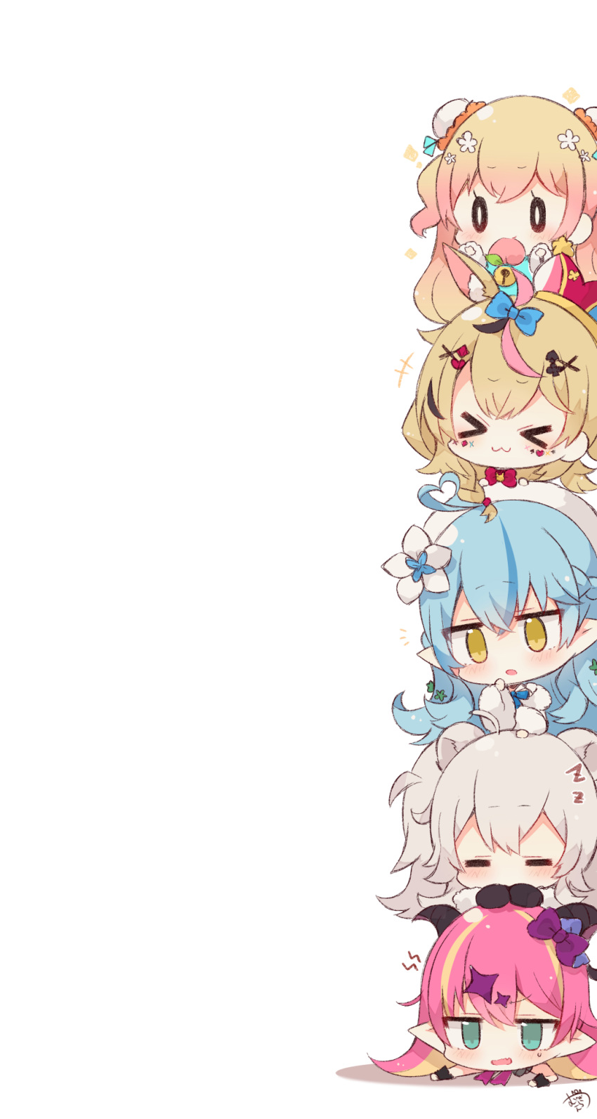 &gt;_&lt; +++ 5girls :3 ahoge animal_ears bangs blonde_hair blue_hair chibi commentary_request demon_girl demon_horns double_bun eyebrows_visible_through_hair flower fox_ears fox_girl green_eyes grey_hair hair_between_eyes hair_flower hair_ornament hair_ribbon highres hololive horns lion_ears lion_girl mano_aloe momosuzu_nene multiple_girls muuran o_o omaru_polka open_mouth pink_hair pointy_ears ribbon shishiro_botan sidelocks signature simple_background virtual_youtuber white_background yellow_eyes yukihana_lamy