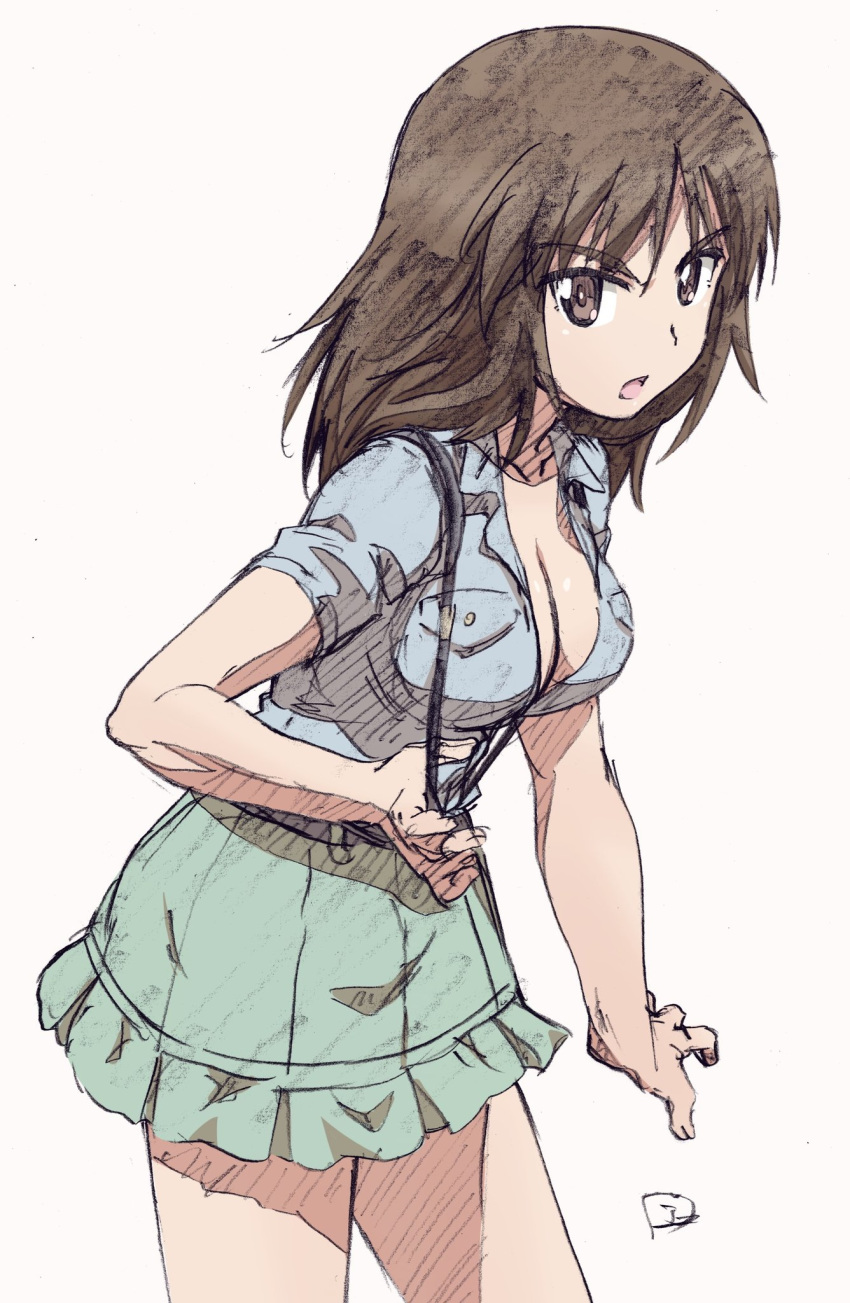 1girl aoshidan_school_uniform blue_shirt breasts brown_eyes brown_hair cleavage cowboy_shot girls_und_panzer green_skirt highres long_hair looking_at_viewer medium_breasts miniskirt murakami_(girls_und_panzer) open_mouth overalls pleated_skirt robinsonk9999 school_uniform shirt short_sleeves signature simple_background skirt solo standing white_background