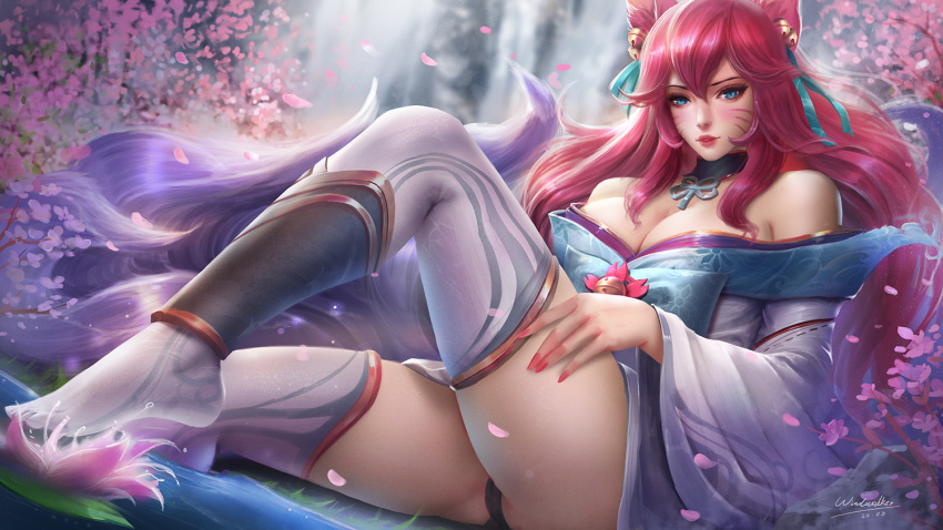 afloat ahri animal_ear_fluff animal_ears bare_shoulders bell black_panties blue_eyes blurry blurry_background blush breasts cherry_blossoms cleavage dated facial_mark fingernails flower fox_ears fox_tail hair_bell hair_between_eyes hair_ornament kaze_no_gyouja kitsune league_of_legends lily_pad long_fingernails long_hair lotus multiple_tails no_shoes outdoors panties pantyshot parted_lips petals red_hair red_lips red_nails signature sitting slit_pupils spirit_blossom_ahri tail tree underwear water waterfall whisker_markings white_legwear