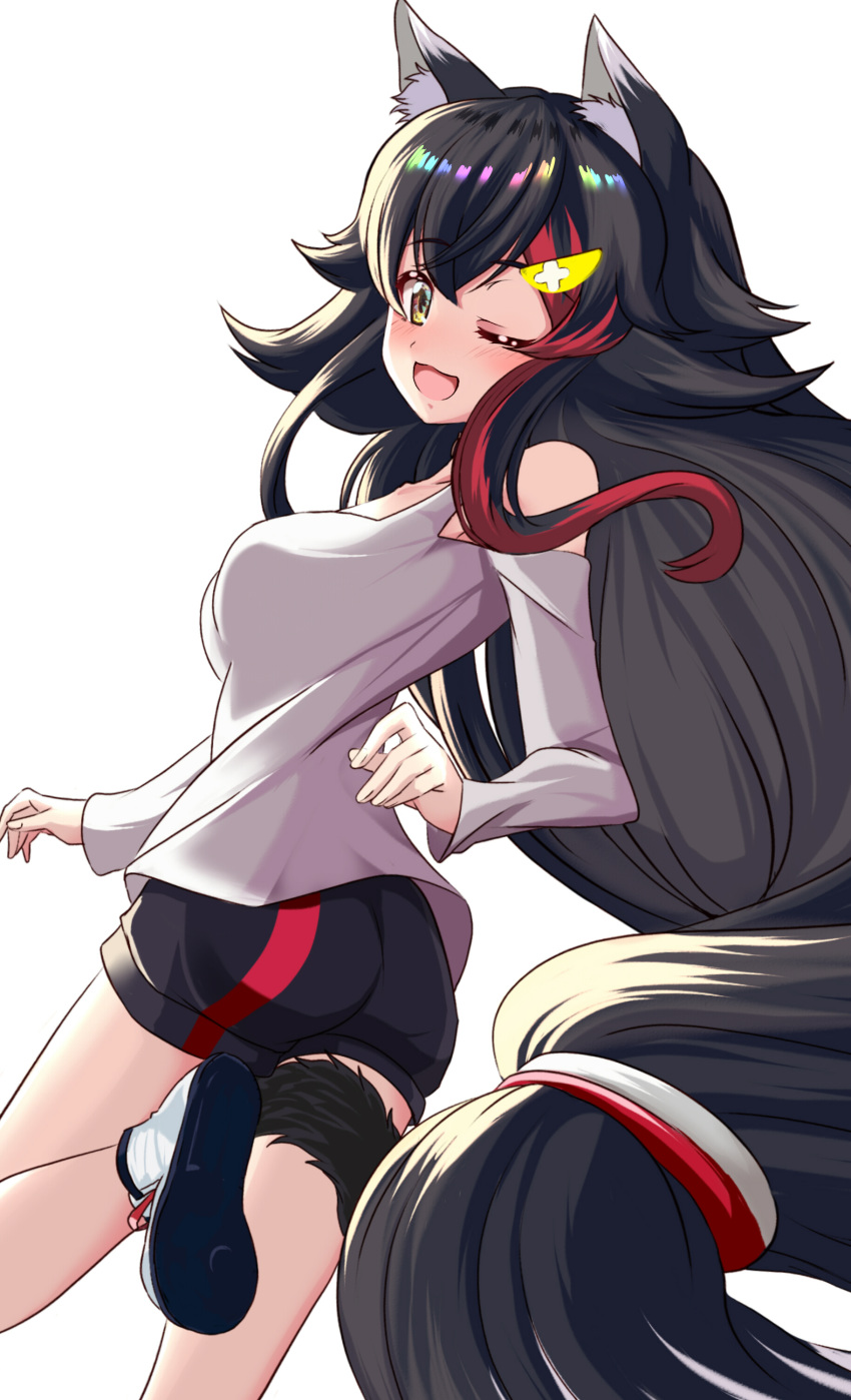 1girl ;d absurdres animal_ear_fluff animal_ears bare_shoulders black_hair highlights highres hololive long_hair long_sleeves multicolored_hair one_eye_closed ookami_mio open_mouth red_hair risian shirt shorts smile tail very_long_hair virtual_youtuber wolf_ears wolf_tail yellow_eyes