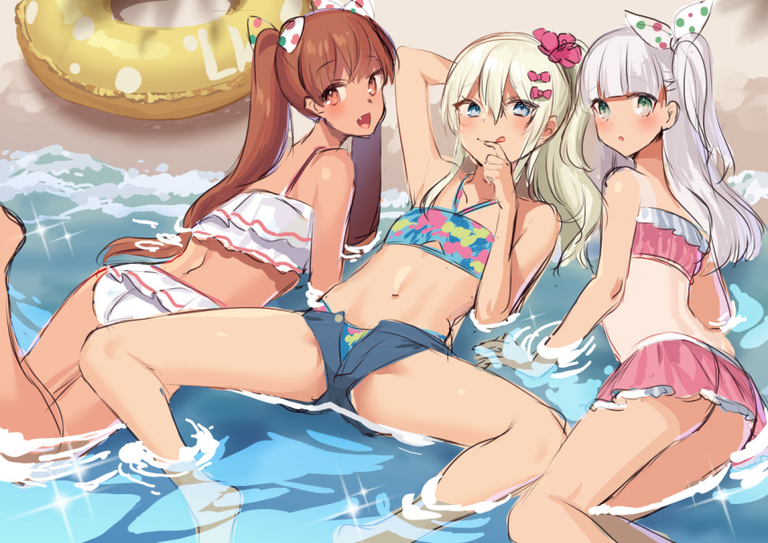 3girls bangs beach bikini blonde_hair blue_bikini blue_eyes blunt_bangs brown_eyes brown_hair denim denim_shorts fang frilled_bikini frills grecale_(kantai_collection) green_eyes halter_top halterneck innertube kantai_collection libeccio_(kantai_collection) long_hair looking_at_viewer lying maestrale_(kantai_collection) mizuki_eiru_(akagi_kurage) multiple_girls on_side on_stomach one_side_up open_fly open_mouth pink_bikini sand shallow_water short_shorts shorts side_ponytail silver_hair smile swimsuit twintails water waves wavy_hair white_bikini