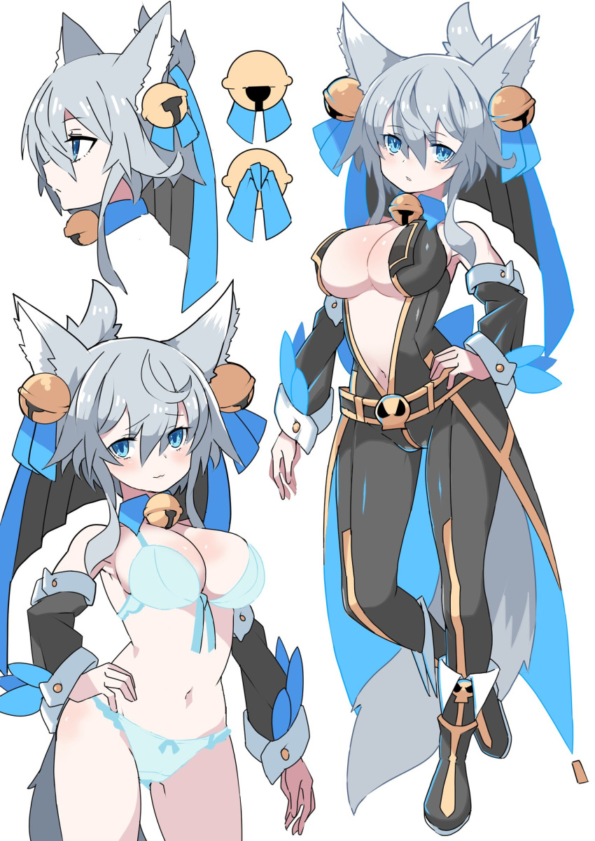 1girl :3 animal_ears ankle_boots bell black_pants blue_bra blue_eyes blue_panties blush boots bra breasts cleavage closed_mouth detached_sleeves grey_hair hair_bell hair_ornament hand_on_hip highres inukaze_yamu jingle_bell large_breasts long_sleeves looking_at_viewer multiple_views neck_bell original panties pants parted_lips shishimanako_hareko short_hair simple_background smile underwear underwear_only white_background