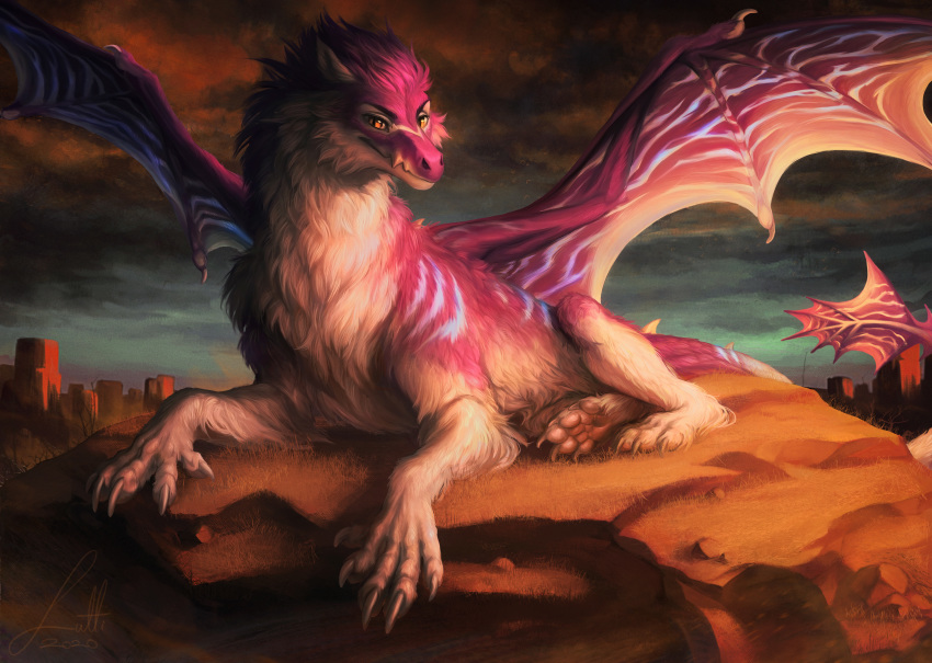 2020 absurd_res ambiguous_gender claws detailed_background digital_media_(artwork) dragon feral fur furred_dragon hi_res looking_at_viewer lutti lying markings membrane_(anatomy) membranous_wings neck_tuft on_front outside pawpads pink_body pink_fur rock signature sky snout solo spread_wings tuft white_body white_fur wing_claws wings yellow_eyes