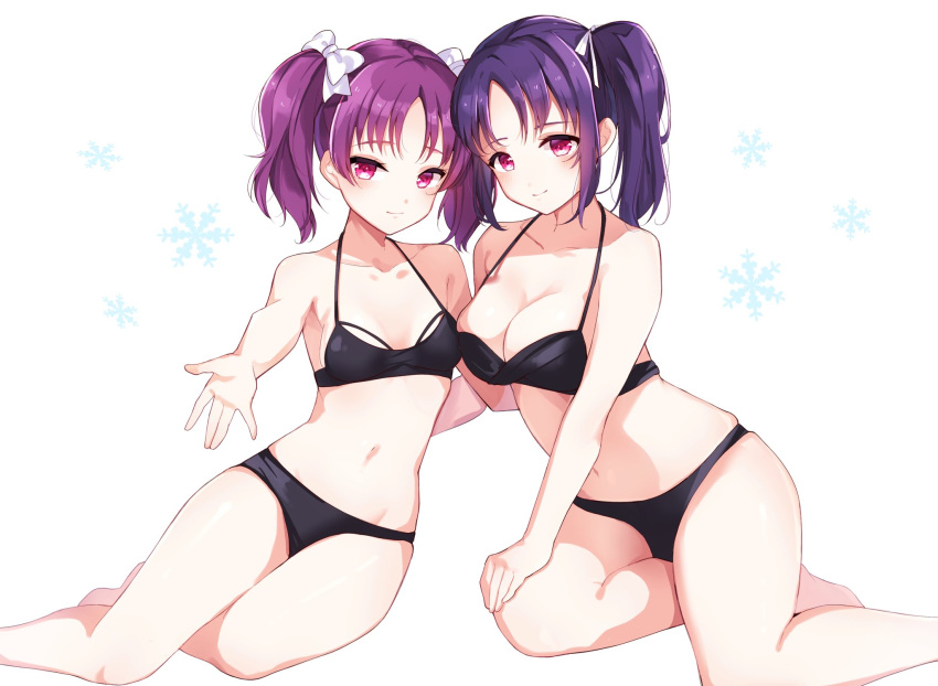 2girls arm_around_back bangs bikini black_bikini bow commentary goroo_(eneosu) hair_ribbon hand_on_own_knee highres kazuno_leah kazuno_sarah looking_at_viewer love_live! love_live!_sunshine!! multiple_girls navel outstretched_arm parted_bangs purple_eyes purple_hair ribbon saint_snow shiny shiny_hair siblings side_ponytail simple_background sitting smile snowflake_print swimsuit twintails two_side_up white_background yokozuwari