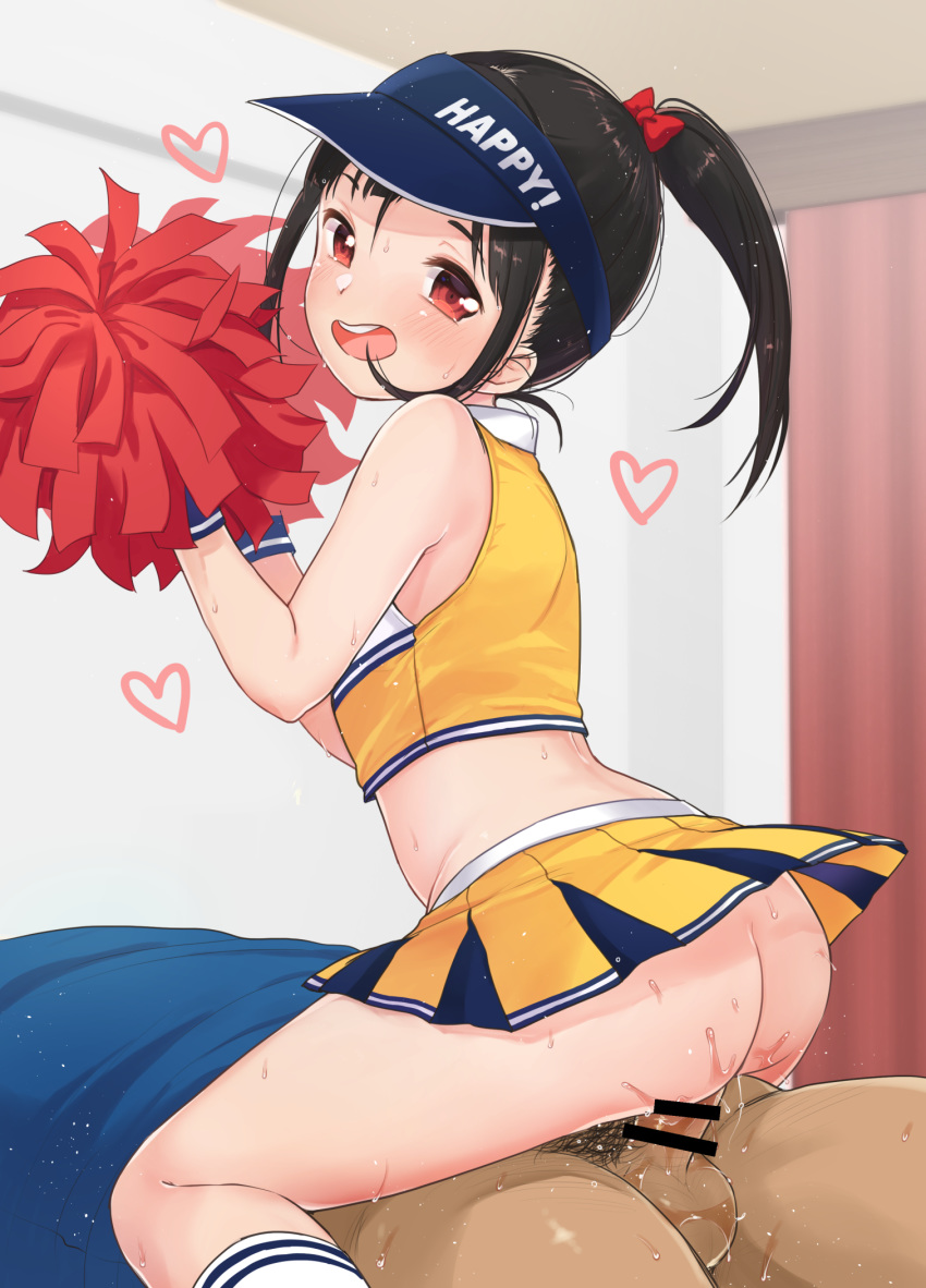 1boy 1girl :d ass black_hair blue_headwear blurry blurry_background bow cheerleader clothes_writing collared_shirt cowboy_shot curtains depth_of_field english_text feet_out_of_frame hair_bow heart high_ponytail highres holding kneehighs looking_at_viewer looking_to_the_side male_pubic_hair midriff open_mouth original penis pleated_skirt pom_poms ponytail pubic_hair red_bow sex shirt skirt sleeveless sleeveless_shirt smile solo_focus sweat upper_teeth vaginal visor_cap white_legwear wristband yellow_shirt yellow_skirt yukiu_kon