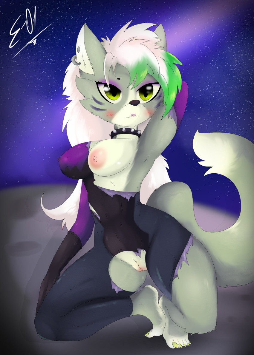 5_toes anthro areola barefoot black_nose blush breasts canid canine canis claws clothed clothing collar countershading digital_media_(artwork) e-01 feet female five_nights_at_freddy's freddy_in_space_2 fur genitals green_hair grey_body grey_fur hair hand_behind_head hi_res lipstick looking_at_viewer makeup mammal multicolored_body multicolored_fur nipples nude pink_nipples pink_pussy pose pussy roxanne_wolf_(fnaf) simple_background smile solo space spiked_collar spikes toe_claws toes torn_clothing video_games white_body white_fur white_hair wolf yellow_eyes