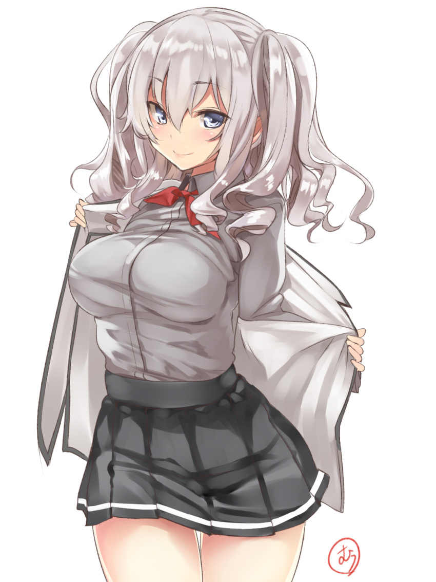 1girl blush breasts cowboy_shot grey_eyes grey_hair grey_shirt hair_between_eyes highres jacket kantai_collection kashima_(kantai_collection) large_breasts looking_at_viewer neck_ribbon removing_jacket ribbon shirt skirt skirt_pull smile solo takase_muu thigh_gap twintails white_background white_jacket