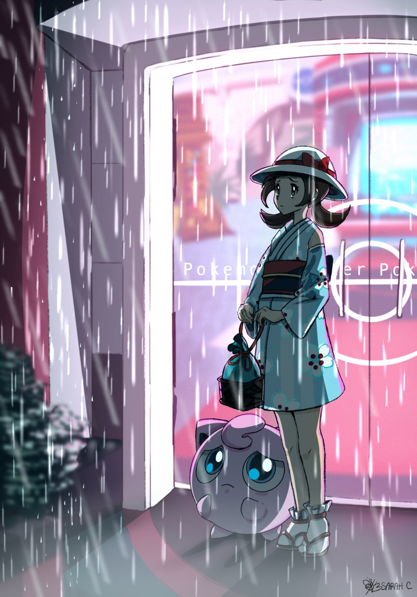 1girl bow brown_eyes brown_hair bush commentary doorway english_commentary eyelashes gen_1_pokemon hat hat_bow highres holding jigglypuff knees kotone_(pokemon) outdoors pokemon pokemon_(creature) pokemon_(game) pokemon_center pokemon_masters rain sad sarahc sash signature standing twintails water white_headwear