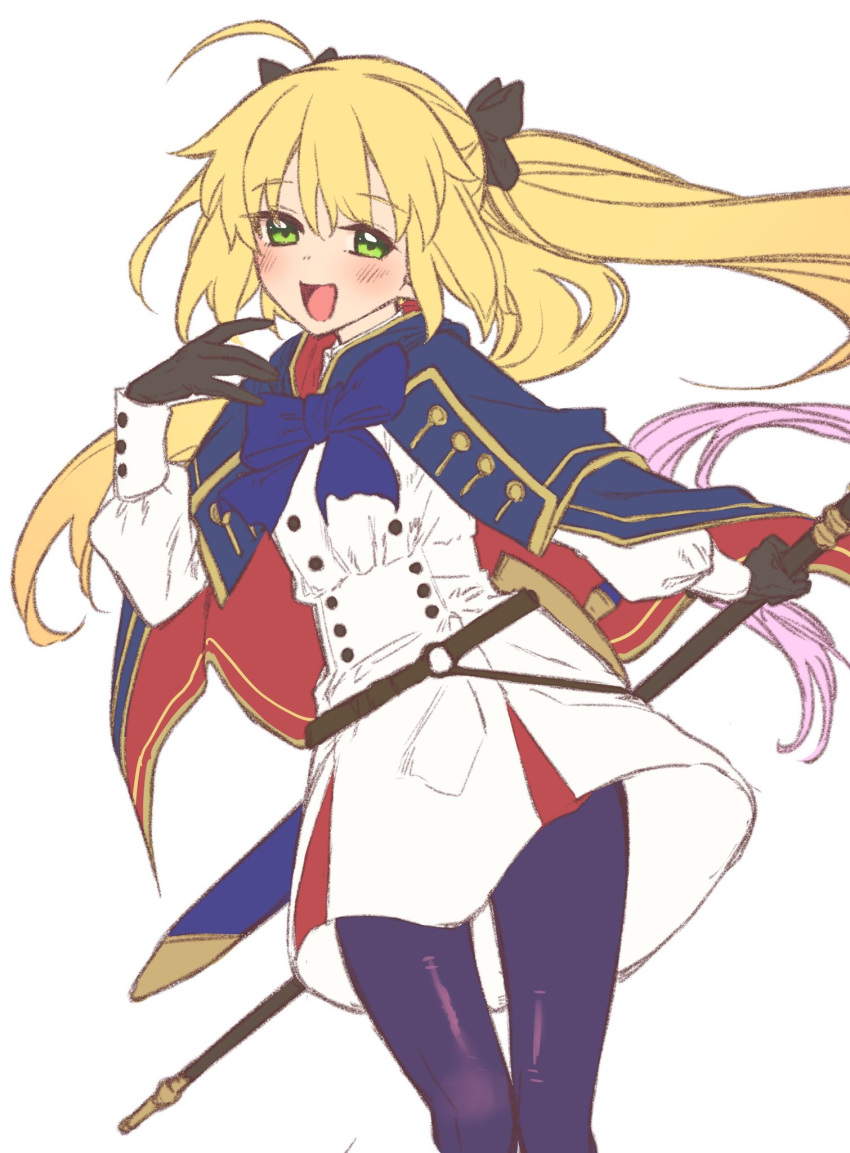 1girl ahoge artoria_pendragon_(all) bangs black_gloves blonde_hair blue_capelet blue_legwear blush breasts capelet dress fate/grand_order fate_(series) gloves green_eyes highres long_hair long_sleeves looking_at_viewer mitsurugi_sugar open_mouth pantyhose sheath simple_background smile staff sword twintails weapon white_background white_dress