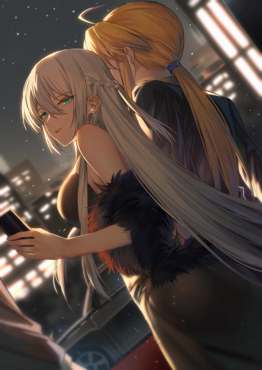 2girls absurdres ahoge artoria_pendragon_(all) artoria_pendragon_(lancer) back bare_shoulders blonde_hair braid breasts car cleavage dress earrings fate/grand_order fate_(series) ground_vehicle highres jewelry large_breasts long_hair looking_at_viewer morgan_le_fay_(fate) motor_vehicle multiple_girls ponytail standing white_hair yorukun