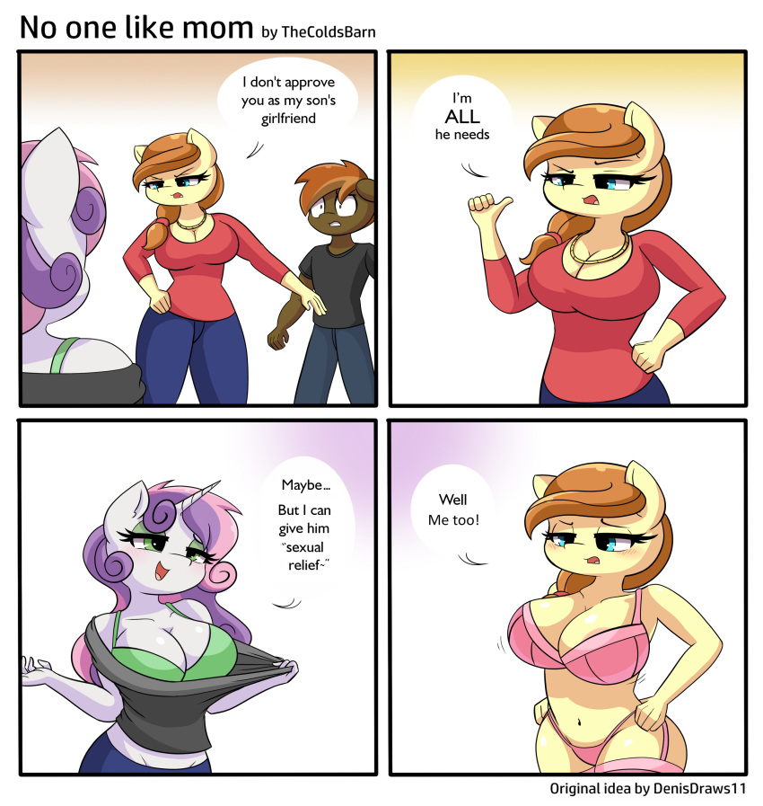 2020 absurd_res anthro big_breasts blush breasts button_mash_(mlp) clothing cream_heart_(mlp) dialogue english_text equid equine fan_character female friendship_is_magic hasbro hi_res horn male mammal my_little_pony open_mouth sweetie_belle_(mlp) text thecoldsbarn underwear unicorn