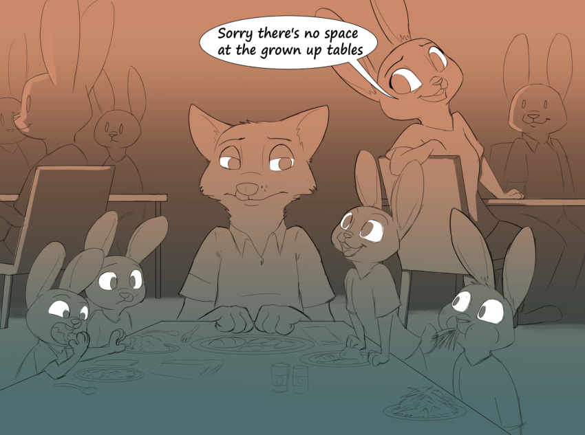2020 ambiguous_gender anthro being_watched buckteeth canid canine chair clothed clothing dialogue disney eating english_text female food fox fully_clothed fur furniture group half-closed_eyes judy_hopps lagomorph leporid long_ears looking_at_another male mammal narrowed_eyes nick_wilde open_mouth open_smile plate rabbit red_fox sitting smile speech_bubble table teeth text tggeko young zootopia