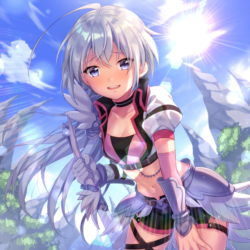 1girl absurdres ahoge arm_warmers black_choker black_shorts blue_eyes breasts choker cleavage cowboy_shot crop_top day faulds gauntlets gloves hand_on_own_thigh highres holding ichiren_namiro looking_at_viewer midriff navel open_mouth outdoors princess_connect! princess_connect!_re:dive short_hair short_shorts short_sleeves shorts silver_hair single_glove small_breasts solo standing stomach sun sunlight tomo_(princess_connect!) white_gloves wing_collar