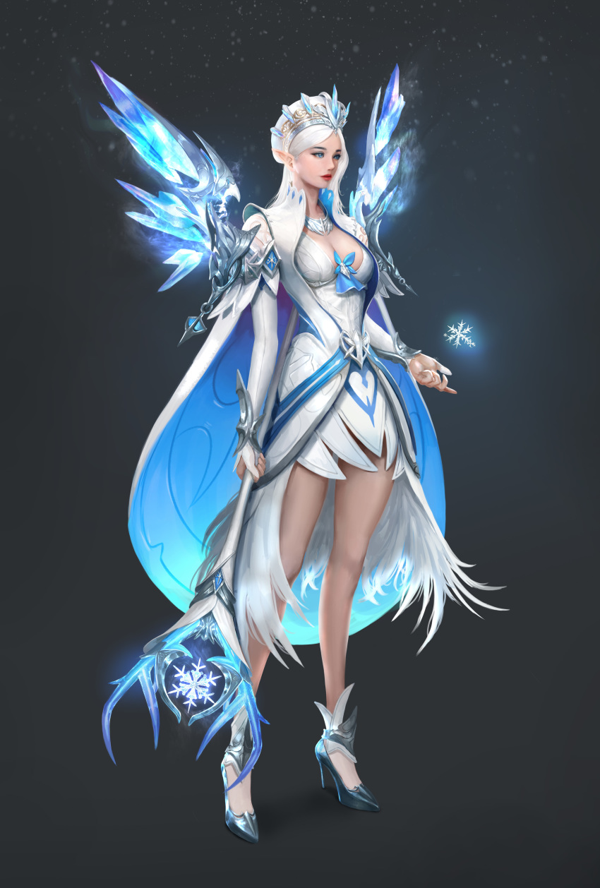 1girl absurdres blue_eyes breasts cleavage hat highres holding holding_staff ice ice_wings lee_jin_su looking_ahead medium_breasts mini_wings original pointy_ears snowflakes solo staff white_hair white_headwear wings