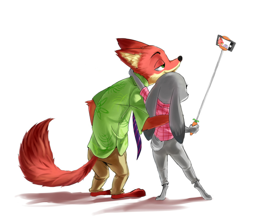 2016 anthro arm_around_shoulders barefoot bottomwear canid canine cellphone clothed clothing disney duo ears_down fox fully_clothed fur grey_body grey_fur hi_res holding_object judy_hopps lagomorph leporid luciferamon mammal necktie nick_wilde pants phone pivoted_ears pose rabbit red_fox selfie selfie_stick shirt simple_background smile standing topwear white_background zootopia