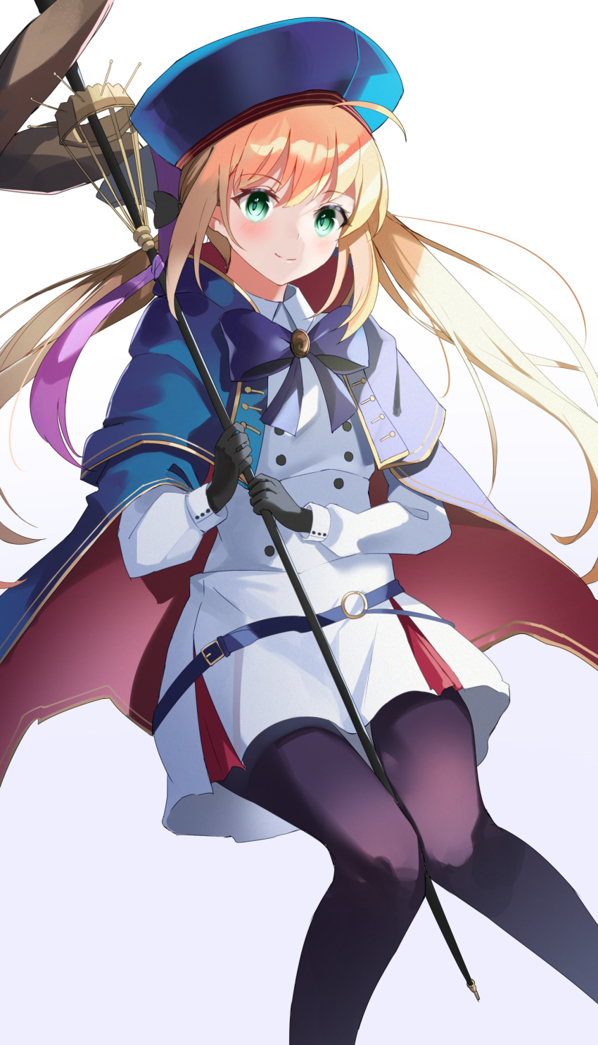 1girl absurdres ahoge artoria_pendragon_(all) artoria_pendragon_(caster) blonde_hair commentary_request eyebrows_visible_through_hair fate/grand_order fate_(series) feet_out_of_frame gloves green_eyes hair_between_eyes hat highres long_hair long_sleeves looking_at_viewer pantyhose simple_background skirt smile solo staff tsukise_miwa white_background