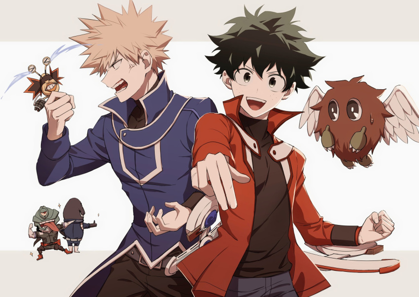 2boys anger_vein bakugou_katsuki blonde_hair blue_jacket boku_no_hero_academia cosplay duel_monster freckles green_hair highres jacket liyuchen1126 looking_at_viewer manjoume_jun midoriya_izuku multiple_boys open_mouth red_jacket simple_background white_background yuu-gi-ou yuu-gi-ou_gx yuuki_juudai