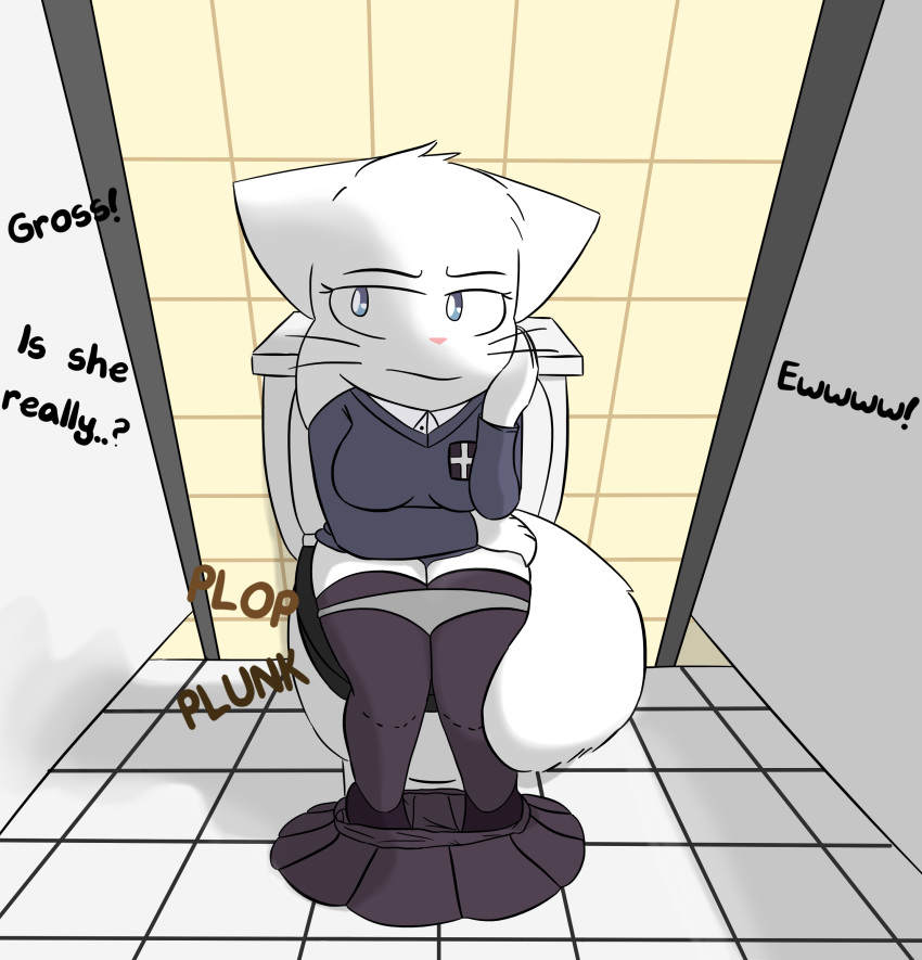 2020 absurd_res annoyed anthro bathroom biped bittersweet_candy_bowl blue_eyes bottomwear breasts clothed clothing digital_media_(artwork) domestic_cat english_text feces felid feline felis female footwear fur grey_clothing grey_panties grey_underwear hi_res implied_scat legwear lucy_(bcb) mammal notmypornaccount panties pants_around_ankles pants_down partially_clothed pooping school_uniform shoes sitting skirt solo sweater teenager text thigh_highs toilet toilet_use topwear underwear uniform webcomic white_body white_fur young