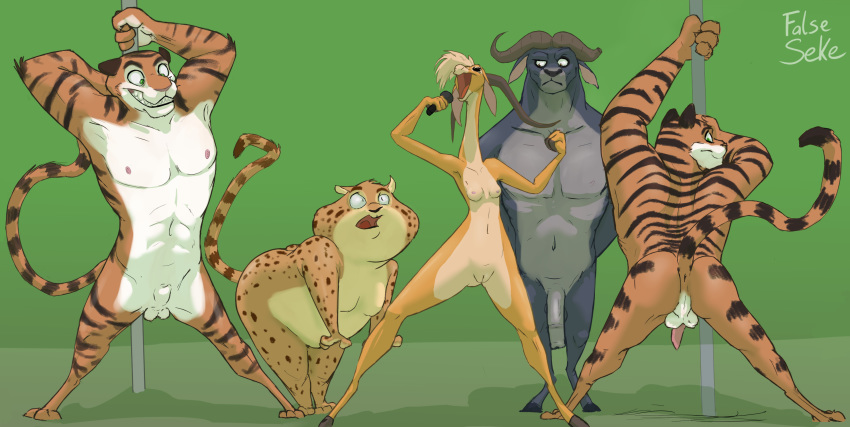 antelope anthro anus balls benjamin_clawhauser bovid buffalo_(disambiguation) chief_bogo dancing disney falseseke fanboy felid female gazelle_(zootopia) genitals group hi_res leopard male male/female mammal nudism pantherine penis pole pole_dancing singing spread_legs spreading stare tiger tiger_dancer_(zootopia) zootopia