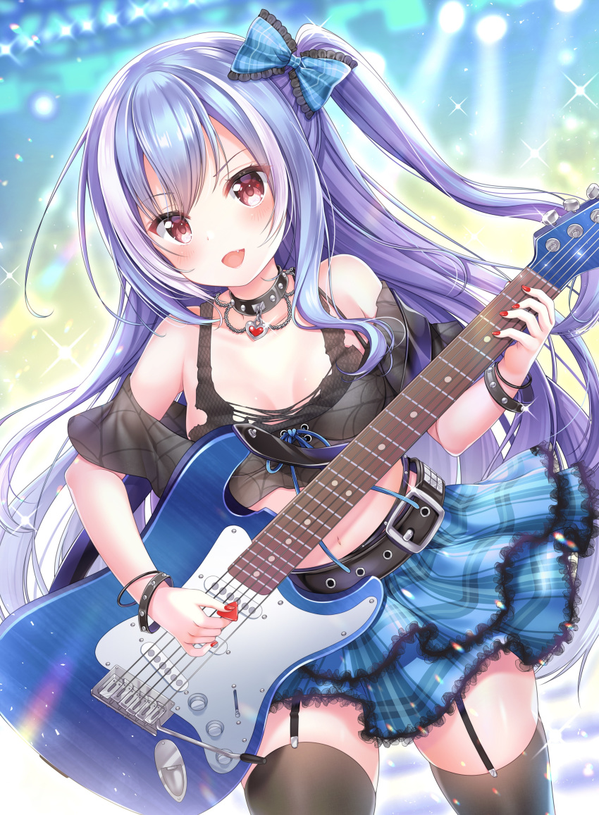 1girl :d absurdres aoba_project aoba_rena bare_shoulders belt black_bra black_legwear black_shirt blue_hair blue_skirt bow bra bracelet breasts choker collarbone cowboy_shot crop_top electric_guitar fang garter_straps glint guitar hair_bow heart highres instrument jewelry layered_skirt long_hair looking_at_viewer medium_breasts midriff miniskirt multicolored_hair music nail_polish navel off-shoulder_shirt off_shoulder one_side_up open_mouth plaid plaid_skirt playing_instrument punk red_eyes red_nails sakura_moyon shirt skindentation skirt smile solo sparkle stage_lights stratocaster thighhighs torn_clothes two-tone_hair underwear v-shaped_eyebrows very_long_hair white_hair zettai_ryouiki