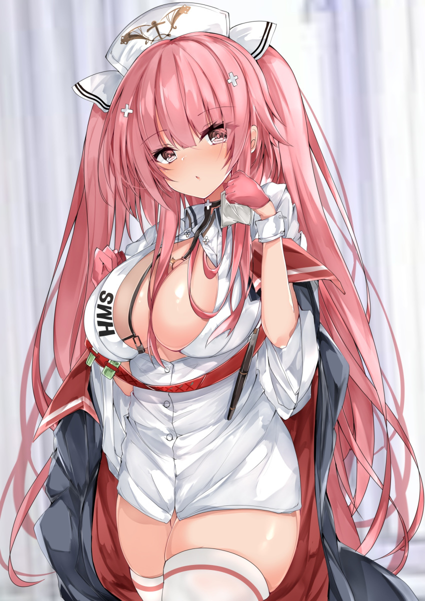 1girl azur_lane bangs blush breasts center_opening choker cowboy_shot curtains eyebrows_visible_through_hair gloves hair_between_breasts hair_ornament half_gloves hat highres id_card jacket large_breasts long_hair looking_at_viewer mutou_(94753939) nurse nurse_cap off_shoulder open_mouth perseus_(azur_lane) perseus_(nursery_service_time)_(azur_lane) pink_eyes pink_gloves pink_hair shirt skindentation solo thighhighs thighs twintails unbuttoned unbuttoned_shirt very_long_hair white_headwear white_legwear white_shirt