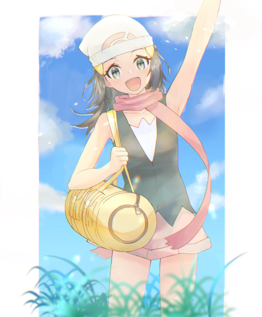 1girl :d absurdres arm_up armpits bag beanie cloud collarbone commentary_request day duffel_bag eyelashes grass hair_ornament happy hat highres hikari_(pokemon) holding_strap long_hair looking_at_viewer open_mouth outdoors pink_scarf poke_ball_print pokemon pokemon_(game) pokemon_dppt scarf sky smile solo uji_(966qrr) white_headwear