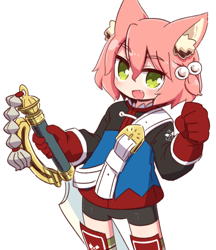 1girl 7th_dragon 7th_dragon_(series) :d animal_ear_fluff animal_ears bangs belt belt_buckle bike_shorts black_shorts blue_jacket blush buckle cat_ears commentary_request eyebrows_visible_through_hair fang gloves green_eyes hair_between_eyes hair_bobbles hair_ornament harukara_(7th_dragon) highres holding holding_sword holding_weapon jacket long_sleeves looking_at_viewer naga_u one_side_up open_mouth pink_hair red_gloves short_hair short_shorts shorts simple_background smile solo striped striped_legwear sword thighhighs weapon white_background white_belt