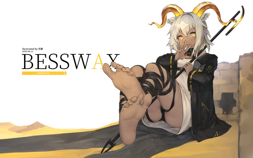 1girl :p animal_ears arknights barefoot beeswax_(arknights) black_jacket black_ribbon character_name chinese_commentary commentary_request copyright_name dark_skin dated dress hand_up highres holding holding_staff horns jacket leg_ribbon long_sleeves looking_at_viewer open_clothes open_jacket ribbon short_dress short_hair silver_hair sitting solo staff tongue tongue_out tsukibara typo white_dress yellow_eyes