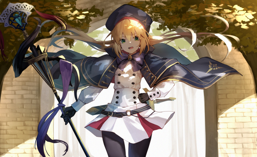 1girl arch artoria_pendragon_(all) artoria_pendragon_(caster) black_gloves blonde_hair bow branch brick_wall buttons capelet dappled_sunlight double-breasted eyebrows_visible_through_hair fate/grand_order fate_(series) gloves green_eyes hand_on_hip hat highres leggings long_hair miniskirt open_mouth pleated_skirt sheath sheathed short_sword skirt solo staff sunlight sword weapon wind yuuuuu