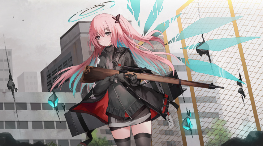 1girl ambriel_(arknights) arknights black_gloves black_jacket black_legwear black_shirt black_skirt building chain-link_fence fence food gloves gun hair_ornament halo holding holding_gun holding_weapon jacket kinona lee-enfield long_hair looking_at_viewer miniskirt mouth_hold multicolored_hair one_side_up open_clothes open_jacket outdoors pink_hair pocky rifle scope shirt skirt sniper_rifle solo standing thighhighs two-tone_hair weapon wings zettai_ryouiki