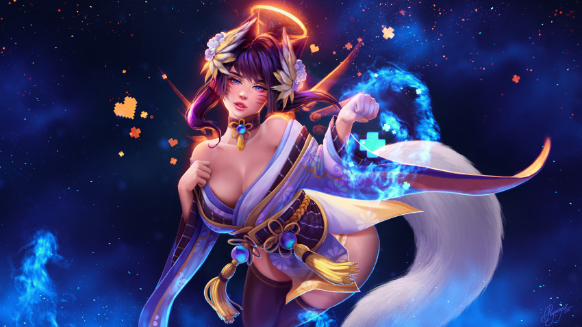 ahri animal_ears cleavage japanese_clothes league_of_legends no_bra pantsu prywinko tail thighhighs