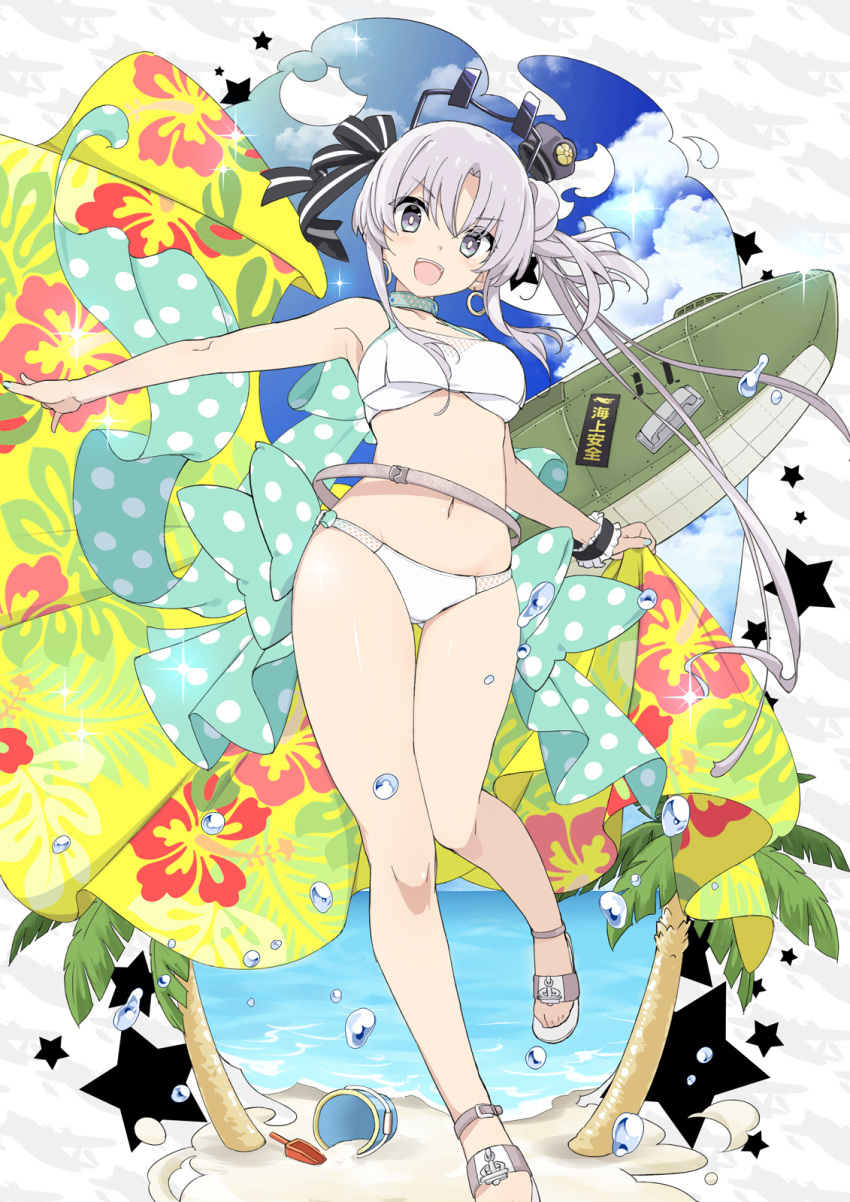 1girl ahoge aka_ringo akitsushima_(kantai_collection) aqua_nails barefoot beach bikini breasts bucket cloud collarbone earrings eyebrows_visible_through_hair fingernails full_body groin highres jewelry kantai_collection long_hair nail_polish navel nishikitaitei-chan ocean open_mouth palm_tree polka_dot purple_eyes purple_hair sandals side_ponytail sidelocks small_breasts smile solo sparkle star_(symbol) swimsuit toes tree v-shaped_eyebrows water_drop white_bikini