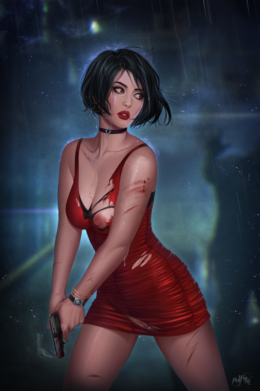 ada_wong blood cleavage dress gun nipple_slip no_bra prywinko pussy resident_evil torn_clothes wet