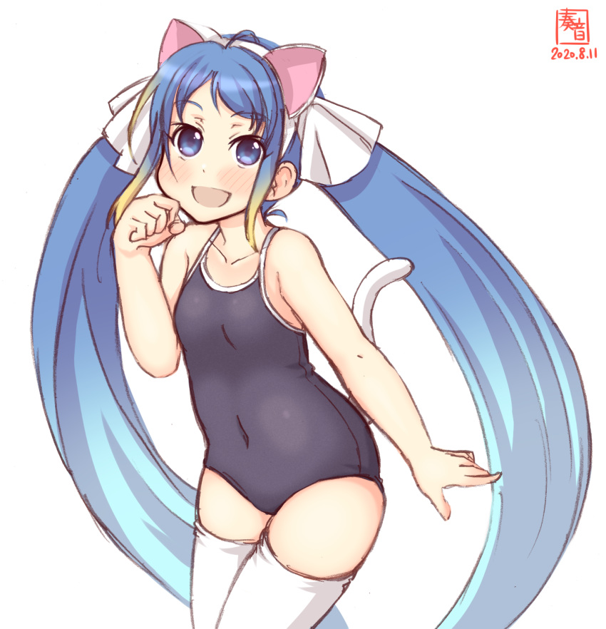 1girl alternate_hairstyle animal_ears artist_logo bangs black_swimsuit blue_eyes blue_hair cat_ears cat_tail collarbone commentary_request competition_school_swimsuit covered_navel dated flat_chest gradient_hair highres kanon_(kurogane_knights) kantai_collection leaning_forward long_hair looking_at_viewer multicolored_hair paw_pose samidare_(kantai_collection) school_swimsuit simple_background smile solo swept_bangs swimsuit tail thighhighs twintails very_long_hair white_background white_legwear