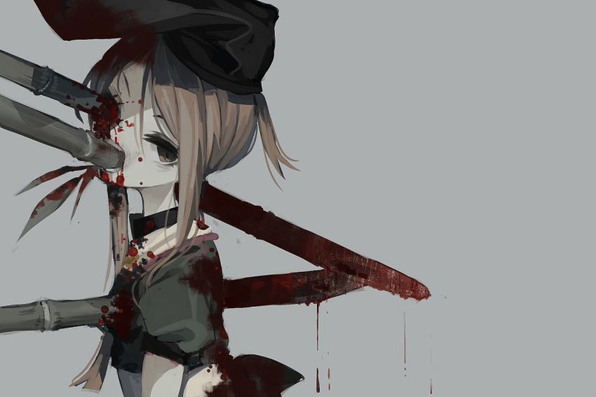 1girl akaiha_(akaihasugk) apron bamboo bangs bleeding blood blood_on_face blood_splatter blood_stain bloody_clothes bloody_weapon bow deep_wound dress frills green_dress green_hair grey_background guro impaled injury looking_at_viewer ribbon short_hair short_hair_with_long_locks simple_background solo stabbed teireida_mai touhou waist_apron weapon