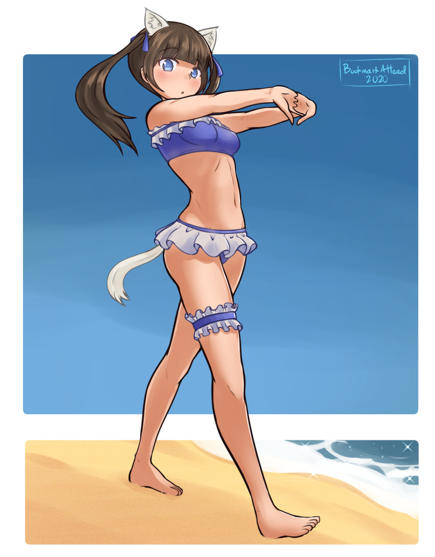 1girl animal_ears artist_name beach bikini bikini_skirt blue_bikini blush bookmarkahead brave_witches breasts brown_eyes brown_hair cat_ears cat_tail full_body georgette_lemare groin highres looking_at_viewer navel ocean open_mouth outdoors shiny shiny_hair sky small_breasts solo swimsuit swimwear tail twintails walking world_witches_series