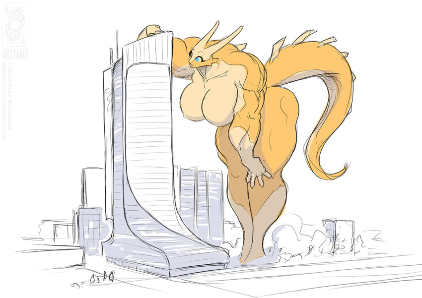 2020 anthro blue_eyes breasts building city conditional_dnp female horn jollyjack kaiju lizard macro muscular muscular_anthro muscular_female non-mammal_breasts nude outside reptile scales scalie solo tan_body tan_scales yellow_body yellow_scales