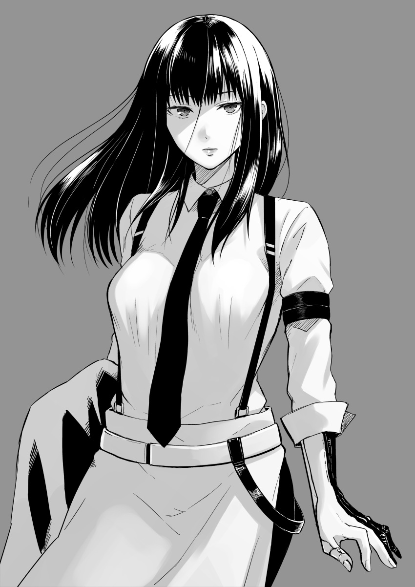 1girl absurdres biomega black_hair breasts greyscale highres long_hair looking_at_viewer monochrome nyaldee sakuma_tsukasa simple_background solo standing