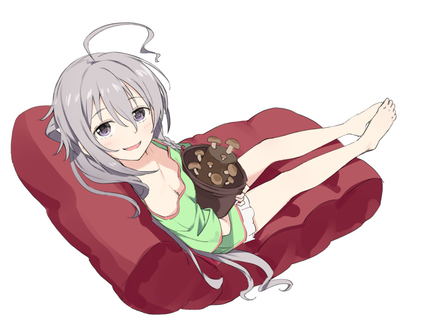 1girl absurdres ahoge bangs barefoot blush braid green_shirt grey_hair hair_between_eyes highres holding holding_pot hoshi_shouko idolmaster idolmaster_cinderella_girls long_hair mushroom nyum open_mouth pot purple_eyes shirt side_braid simple_background sitting skirt solo white_background white_skirt