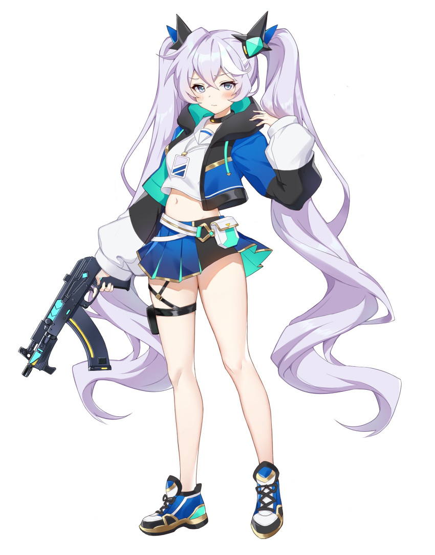 1girl blush breasts choker commentary english_commentary eyebrows_visible_through_hair full_body gun hair_between_eyes highres holding holding_gun holding_weapon hood hood_down jacket long_hair long_sleeves looking_at_viewer midriff multicolored_hair navel original pn_(wnsl216) pouch purple_hair shoes silver_eyes simple_background skirt small_breasts solo standing stomach twintails two-tone_hair very_long_hair weapon white_background white_hair