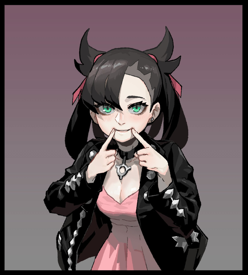 1girl asymmetrical_bangs bangs black_choker black_hair black_jacket blush breasts choker cleavage dress ear_piercing earrings frame gogalking gradient gradient_background green_eyes hair_between_eyes hair_ornament hair_over_one_eye hair_ribbon highres jacket jewelry long_hair long_sleeves looking_at_viewer mary_(pokemon) open_clothes open_jacket piercing pink_dress pink_ribbon pokemon pokemon_(game) purple_background ribbon simple_background small_breasts smile solo standing symbol_commentary twintails upper_body