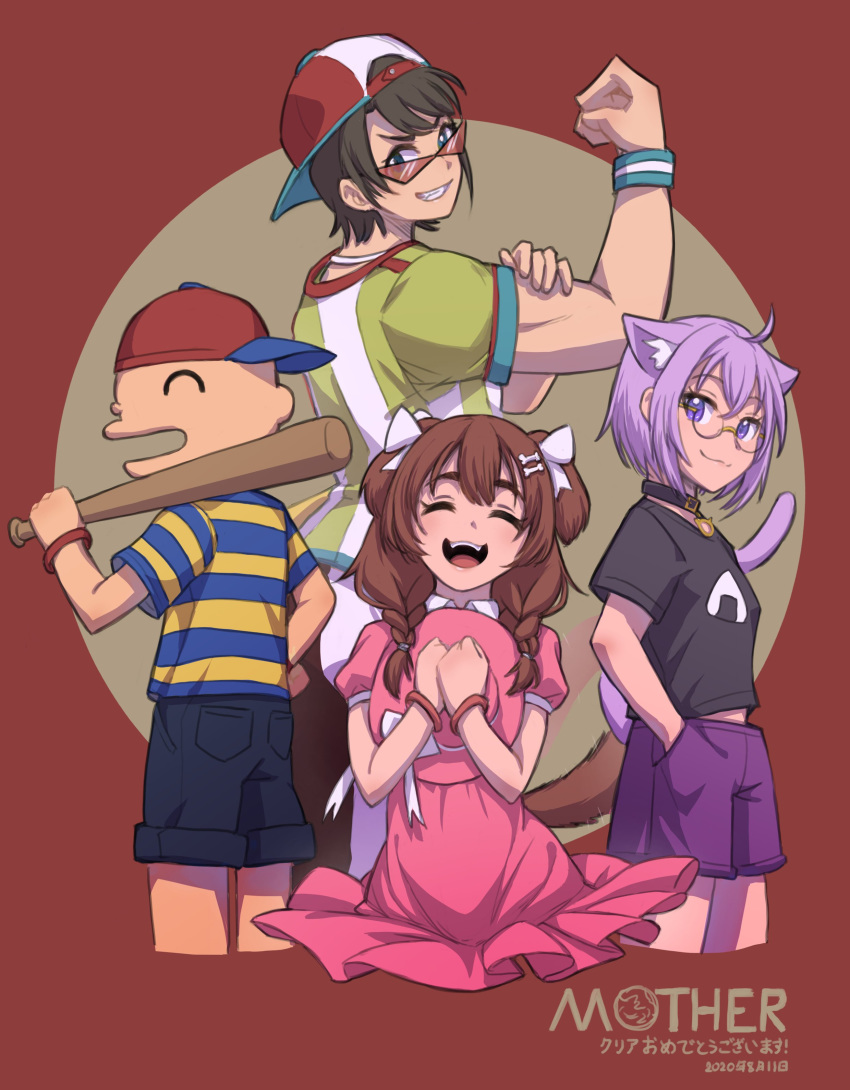 3girls :d absurdres ahoge ana_(mother) ana_(mother)_(cosplay) animal_ears backwards_hat baseball_bat baseball_cap bespectacled blue_eyes bone_hair_ornament braid bras_d'honneur brown_hair cat_ears cat_tail closed_eyes collar commentary_request copyright_name cosplay dated dog_ears dog_tail dress from_behind glasses grin hair_ribbon hands_in_pockets hat hat_removed headwear_removed highres hololive inugami_korone koushake looking_at_viewer mother_(game) mother_1 multiple_girls nekomata_okayu ninten ninten_(cosplay) onigiri_print oozora_subaru open_mouth over_shoulder pink_dress purple_eyes purple_hair red_background ribbon shirt shorts smile striped striped_shirt sunglasses tail tinted_eyewear translation_request twin_braids weapon weapon_over_shoulder white_ribbon wristband
