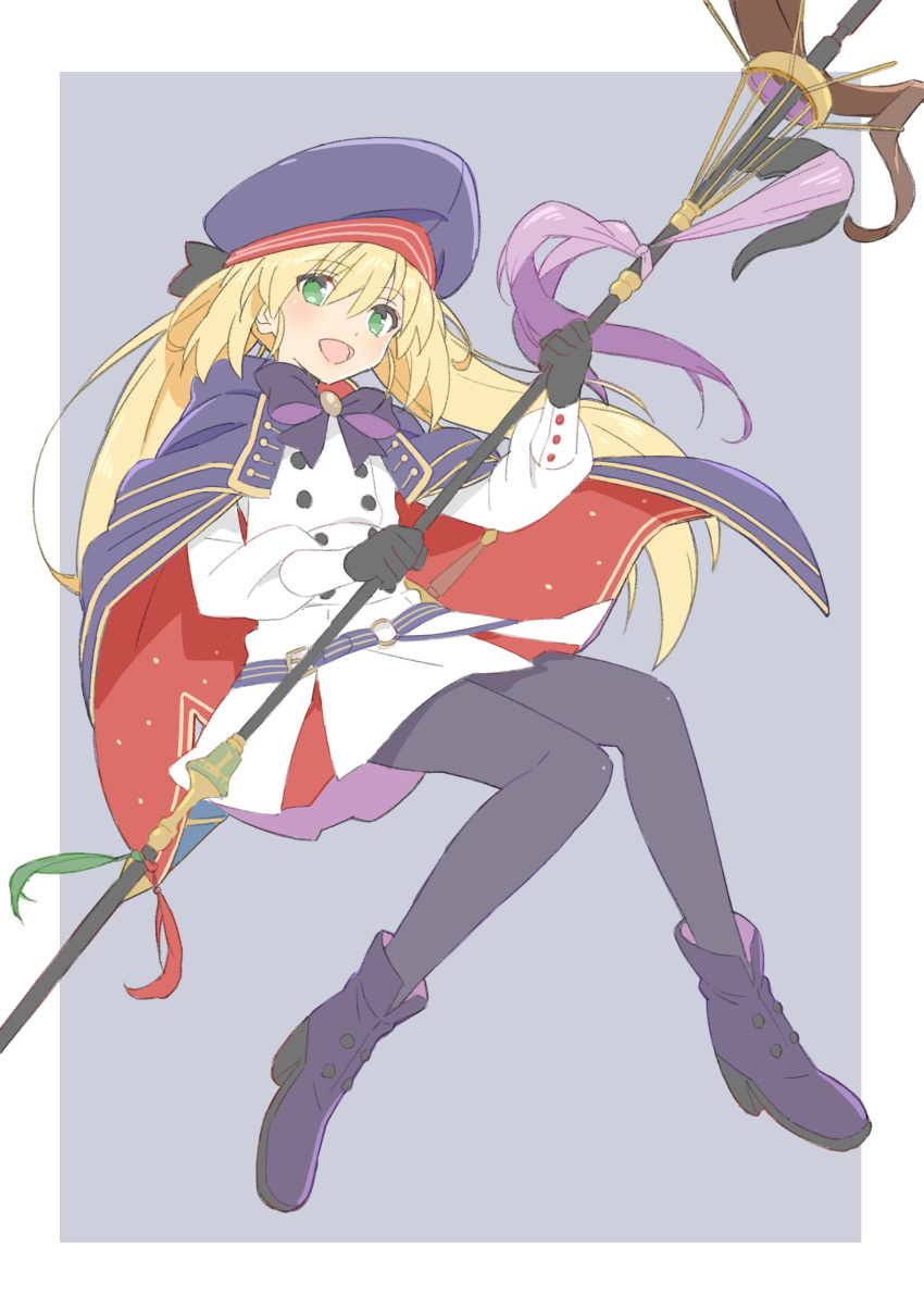 1girl absurdres artoria_pendragon_(all) artoria_pendragon_(caster) blonde_hair boots border commentary_request donguri_suzume eyebrows_visible_through_hair fate/grand_order fate_(series) gloves green_eyes grey_background hair_between_eyes hat high_heel_boots high_heels highres holding holding_staff long_hair long_sleeves looking_at_viewer multicolored_hair open_mouth pantyhose simple_background skirt solo staff teeth tongue two-tone_hair white_border