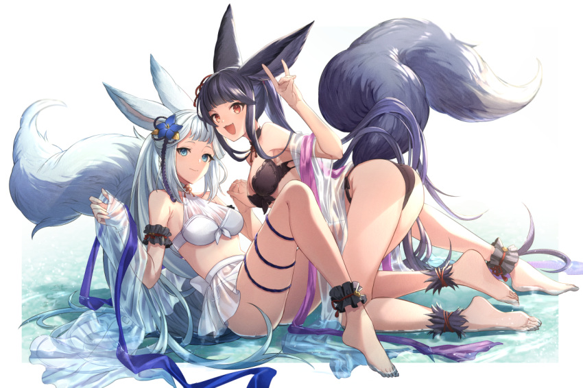 2girls :d animal_ears ass bangs bare_shoulders barefoot bell bikini black_hair blue_eyes blush breasts erune fang feb_itk fox_ears fox_tail full_body granblue_fantasy hair_bell hair_ornament holding_hands jingle_bell large_breasts long_hair looking_at_viewer multiple_girls open_mouth red_eyes silver_hair smile socie_(granblue_fantasy) swimsuit tail thighs very_long_hair wet yuel_(granblue_fantasy)