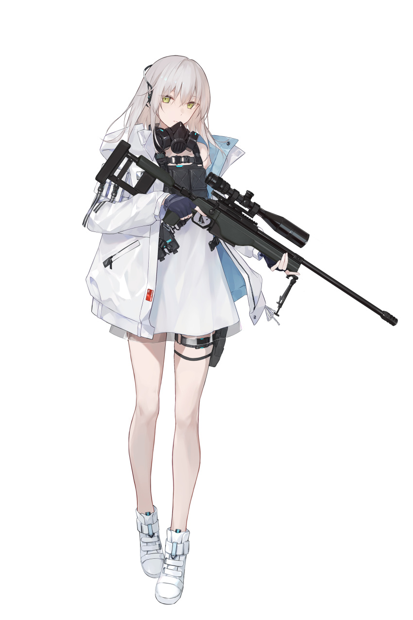 1girl absurdres bare_legs blonde_hair blue_gloves body_armor character_request eyebrows_visible_through_hair fingerless_gloves gas_mask girls_frontline gloves green_eyes gun hand_on_weapon headphones highres holding holding_weapon jacket long_hair looking_at_viewer lunaplum original rifle science_fiction shoes sneakers solo weapon white_background white_footwear white_jacket