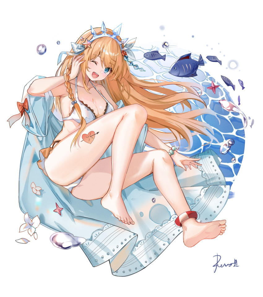 1girl ;d armpits ass bare_shoulders barefoot bikini blue_eyes breasts bxr caustics cleavage fish halterneck highres large_breasts long_hair looking_at_viewer off_shoulder one_eye_closed open_clothes open_mouth orange_hair pecorine princess_connect! princess_connect!_re:dive smile solo swimsuit thighs tiara water white_bikini wide_sleeves