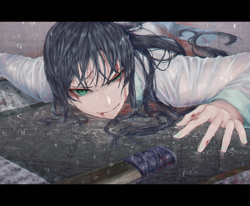 1girl black_hair blood blood_on_face dagger dying fate/grand_order fate_(series) green_eyes highres jing_ke_(fate/grand_order) letterboxed long_hair lying on_floor on_stomach rain scroll smile weapon wet wet_clothes yuurei447