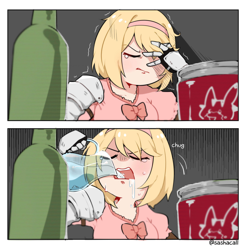 1girl blonde_hair bow can closed_eyes djeeta_(granblue_fantasy) drinking facepalm gauntlets glass_bottle granblue_fantasy hairband highres sad sashacall sitting table tears trembling vee_(granblue_fantasy) water